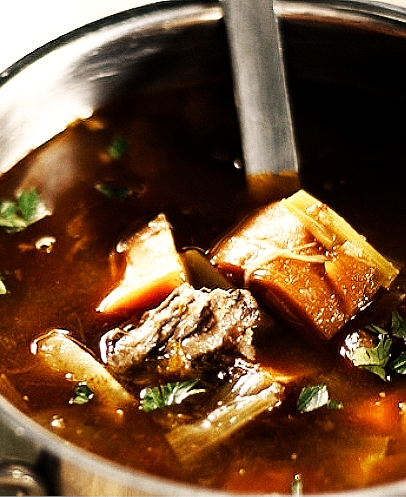 Veal or Beef Tail Broth with Pork Rind and Aromatics