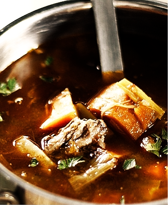 Veal or Beef Tail Broth with Pork Rind and Aromatics
