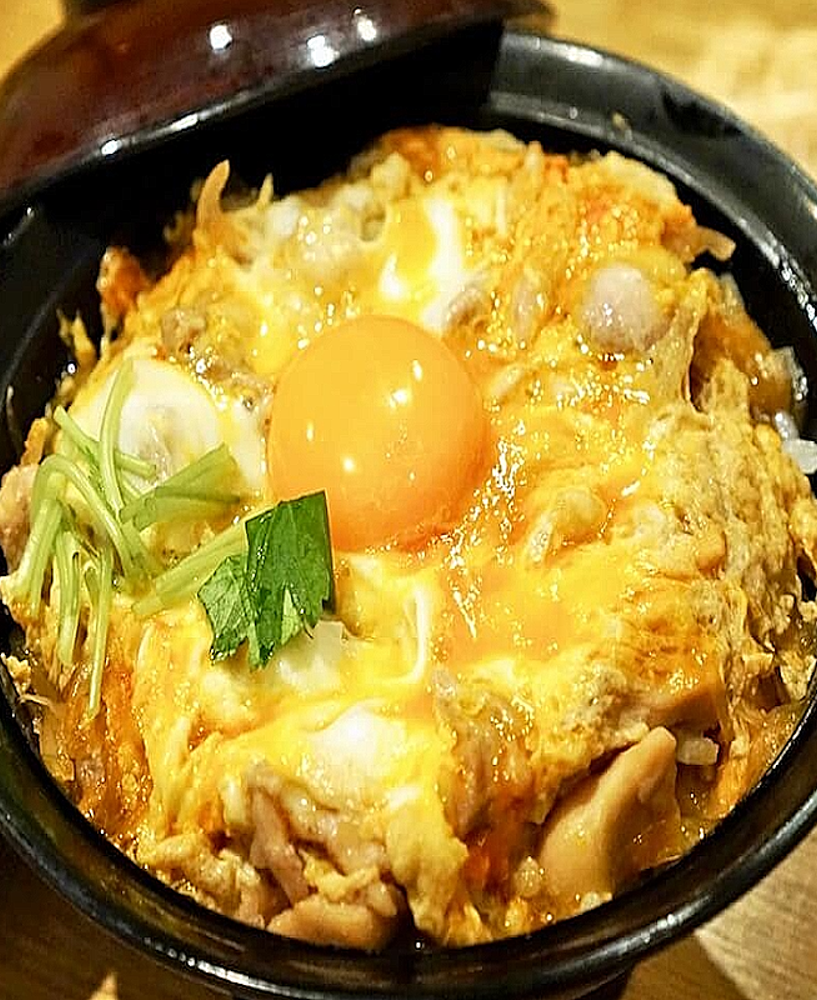 Donburi (丼物) Aichi's Oyako Donburi (愛知の親子丼)  Bol de riz japonais avec poulet Nagoya Cochin, œufs et bouillon savoureux.
