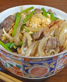 Donburi (丼物) Tanindon (他人丼) Bol de riz japonais garni de bœuf et œuf dans un bouillon savoureux