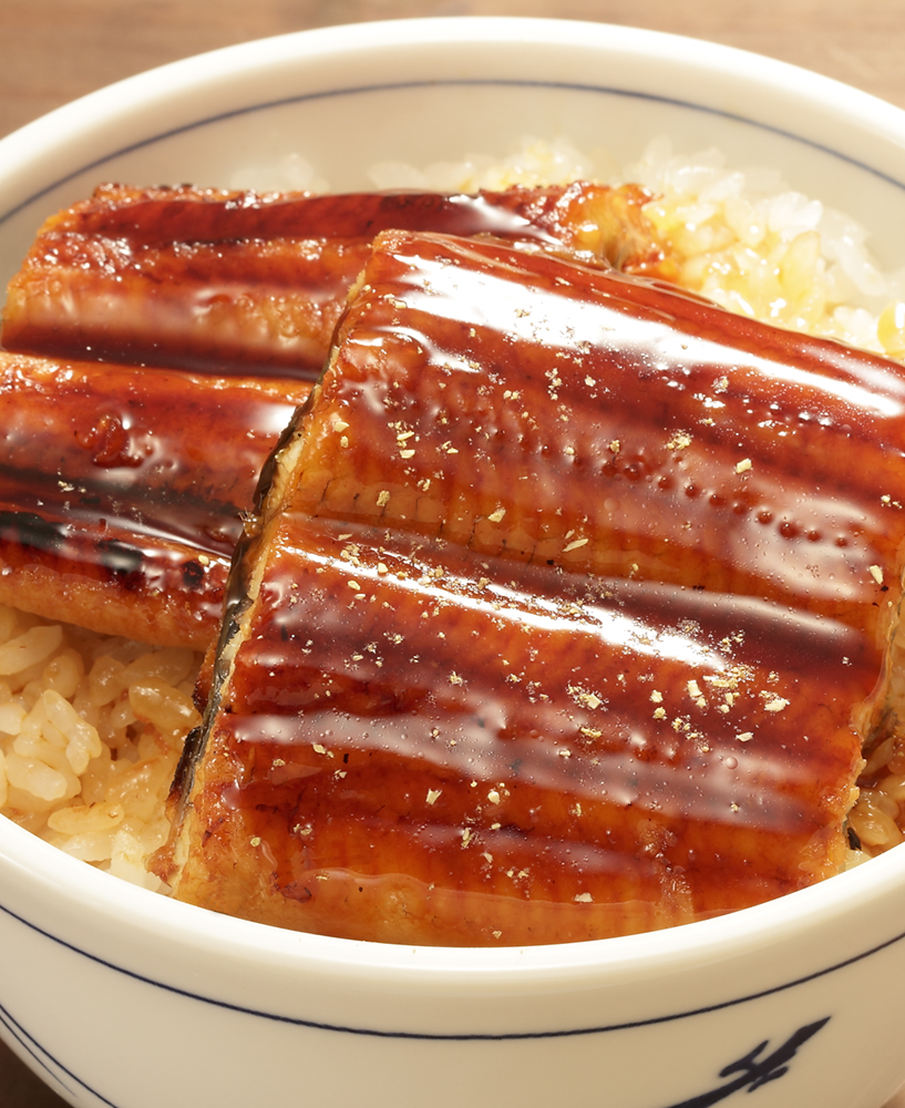Donburi (丼物) Unadon (うな丼) Bol de riz japonais garni d'anguille grillée, une spécialité sucrée et umami.
