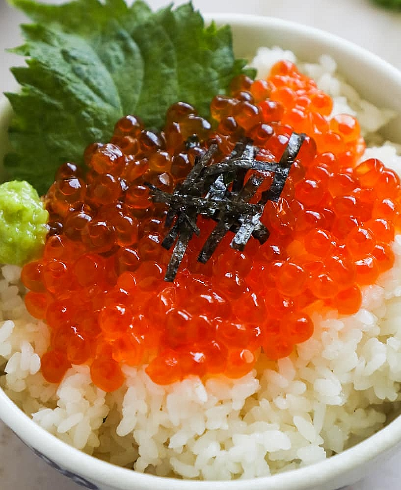 Donburi (丼物) Ikura Don (いくら丼) – Riz japonais garni d’œufs de saumon marinés, une spécialité iodée et luxueuse.