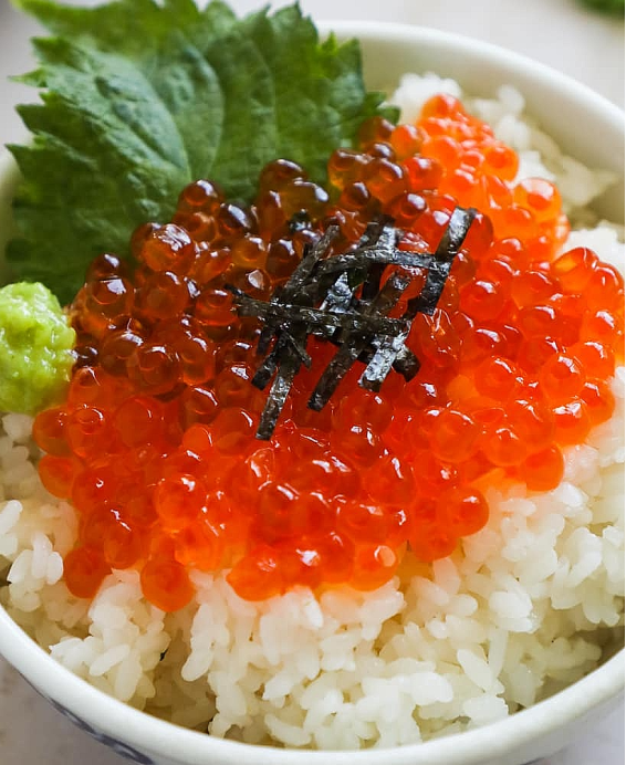 Donburi (丼物) Ikura Don (いくら丼) – Riz japonais garni d’œufs de saumon marinés, une spécialité iodée et luxueuse.
