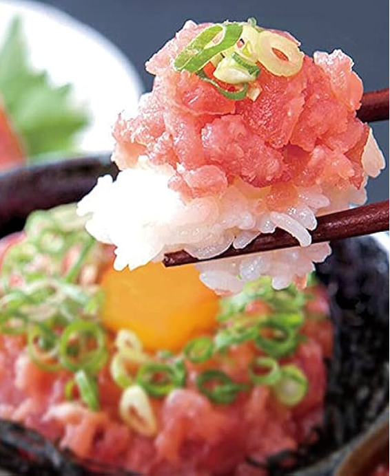 Donburi (丼物) Negitoro Don (ネギトロ丼) – Riz japonais garni de thon gras haché et d’oignons verts, spécialité fondante.