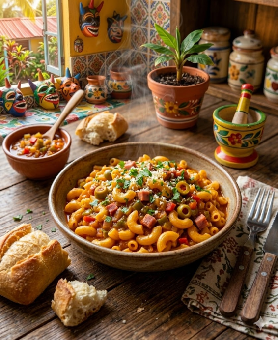 Pasta Guisada Puertorriqueña Pâtes mijotées au sofrito et sazón — Porto Rico