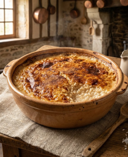 Recette traditionnelle de la teurgoule de Normandie, riz au lait à la cannelle, dessert emblématique du Calvados