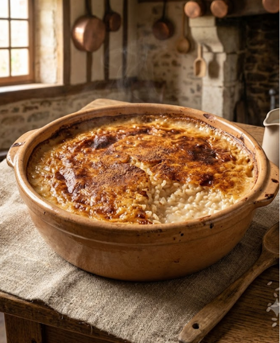 Recette traditionnelle de la teurgoule de Normandie, riz au lait à la cannelle, dessert emblématique du Calvados